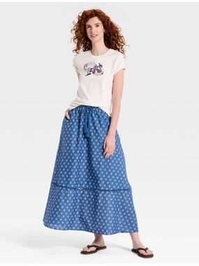 Universal Thread Blue Printed A-Line Midi Skirt